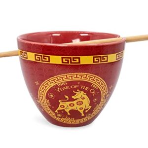 Boom Trendz Year Of The Ox Chinese Zodiac Ceramic Dinnerware Set | Includes 16-Ounce Ramen Noodle Bowl and Wooden Chopsticks Asian Food Dish For Home & Kitchen Kawaii Lunar New Gifts red One Size