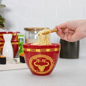 Boom Trendz Year Of The Ox Chinese Zodiac Ceramic Dinnerware Set | Includes 16-Ounce Ramen Noodle Bowl and Wooden Chopsticks Asian Food Dish For Home & Kitchen Kawaii Lunar New Gifts red One Size