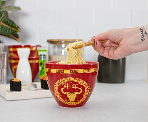 Boom Trendz Year Of The Ox Chinese Zodiac Ceramic Dinnerware Set | Includes 16-Ounce Ramen Noodle Bowl and Wooden Chopsticks Asian Food Dish For Home & Kitchen Kawaii Lunar New Gifts red One Size