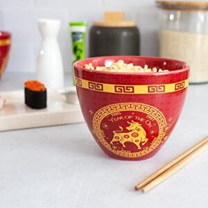 Boom Trendz Year Of The Ox Chinese Zodiac Ceramic Dinnerware Set | Includes 16-Ounce Ramen Noodle Bowl and Wooden Chopsticks Asian Food Dish For Home & Kitchen Kawaii Lunar New Gifts red One Size