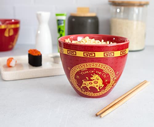 Boom Trendz Year Of The Ox Chinese Zodiac Ceramic Dinnerware Set | Includes 16-Ounce Ramen Noodle Bowl and Wooden Chopsticks Asian Food Dish For Home & Kitchen Kawaii Lunar New Gifts red One Size