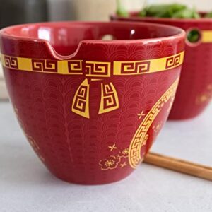 Boom Trendz Year Of The Ox Chinese Zodiac Ceramic Dinnerware Set | Includes 16-Ounce Ramen Noodle Bowl and Wooden Chopsticks Asian Food Dish For Home & Kitchen Kawaii Lunar New Gifts red One Size