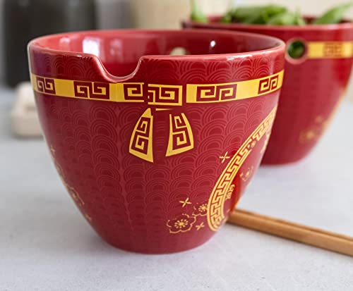 Boom Trendz Year Of The Ox Chinese Zodiac Ceramic Dinnerware Set | Includes 16-Ounce Ramen Noodle Bowl and Wooden Chopsticks Asian Food Dish For Home & Kitchen Kawaii Lunar New Gifts red One Size