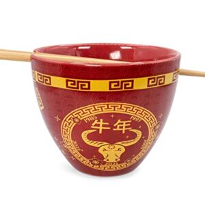 Boom Trendz Year Of The Ox Chinese Zodiac Ceramic Dinnerware Set | Includes 16-Ounce Ramen Noodle Bowl and Wooden Chopsticks Asian Food Dish For Home & Kitchen Kawaii Lunar New Gifts red One Size