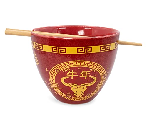 Boom Trendz Year Of The Ox Chinese Zodiac Ceramic Dinnerware Set | Includes 16-Ounce Ramen Noodle Bowl and Wooden Chopsticks Asian Food Dish For Home & Kitchen Kawaii Lunar New Gifts red One Size