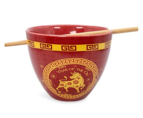 Boom Trendz Year Of The Ox Chinese Zodiac Ceramic Dinnerware Set | Includes 16-Ounce Ramen Noodle Bowl and Wooden Chopsticks Asian Food Dish For Home & Kitchen Kawaii Lunar New Gifts red One Size