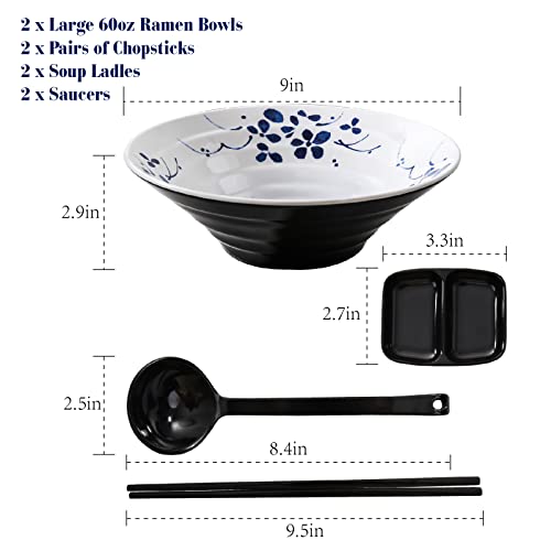 TP 60oz Ramen Bowls, 8-piece Unbreakable Japanese Melamine Noodles Bowls for Pho and Asian Dishes with Chopsticks Spoons set and Dipping Bowls, Set of 2