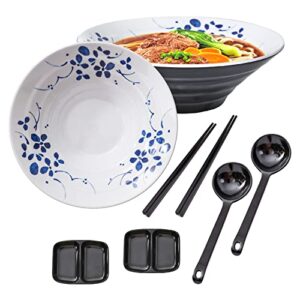 tp 60oz ramen bowls, 8-piece unbreakable japanese melamine noodles bowls for pho and asian dishes with chopsticks spoons set and dipping bowls, set of 2