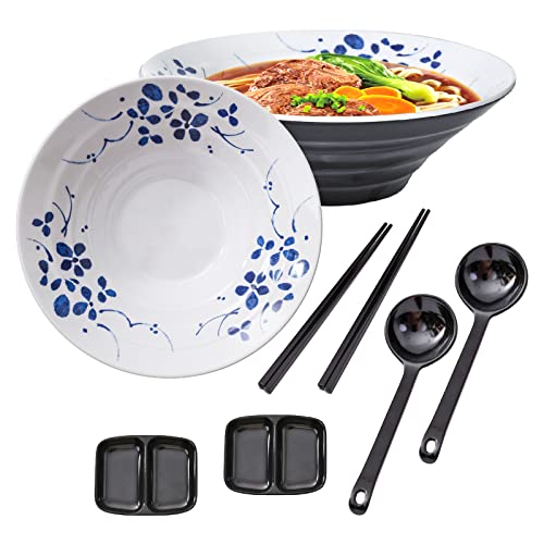 TP 60oz Ramen Bowls, 8-piece Unbreakable Japanese Melamine Noodles Bowls for Pho and Asian Dishes with Chopsticks Spoons set and Dipping Bowls, Set of 2