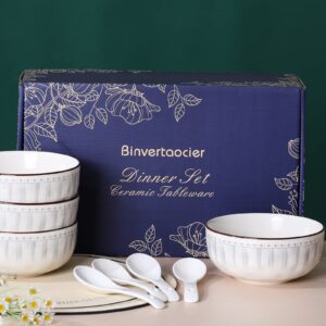 Binvertaocier 6 Inch Ceramic Cereal Bowls Set of 4, 25 Ounce Soup Bowls and Spoons Set for 4,Bowls for Noodle Ramen Dessert Salad Dishwasher & Microwave Safe Gifts for Housewarming