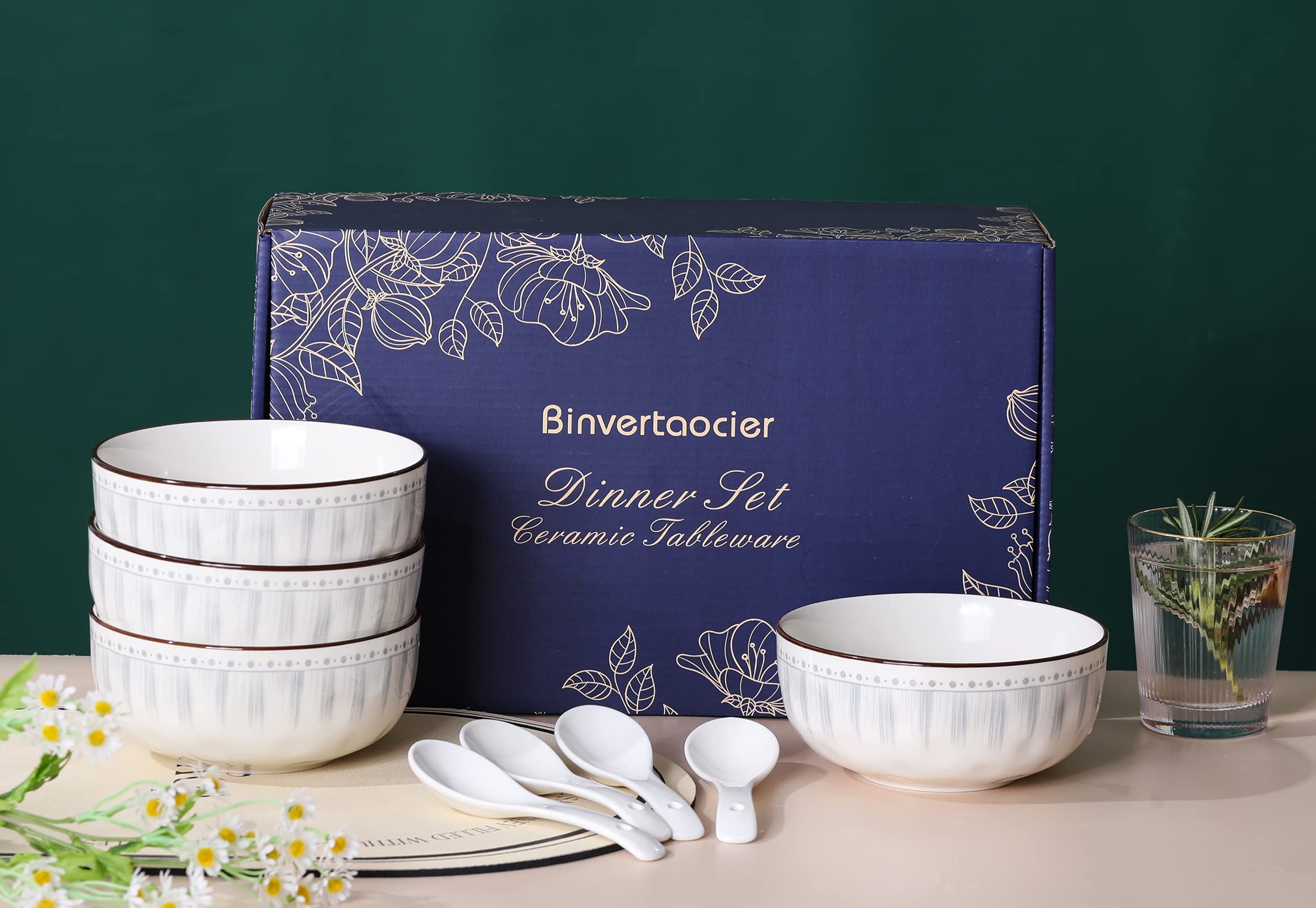 Binvertaocier 6 Inch Ceramic Cereal Bowls Set of 4, 25 Ounce Soup Bowls and Spoons Set for 4,Bowls for Noodle Ramen Dessert Salad Dishwasher & Microwave Safe Gifts for Housewarming