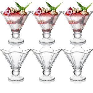 Hacaroa 6 Pack Glass Ice Cream Bowls Small Sundae Cups, 6.5 Ounces Footed Dessert Bowls Milkshake Glasses, Clear Cute Trifle Bowls for Pudding, Parfait, Fruit, Clover Shape