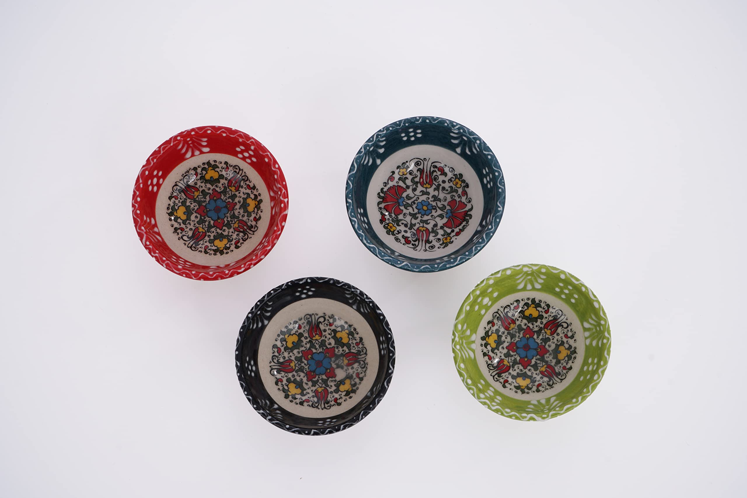 Silkroad Home Goodies Set of 4 Ceramic Sauce Dishes in Gift Box, Handprinted Turkish Pottery Mini Serving Plates