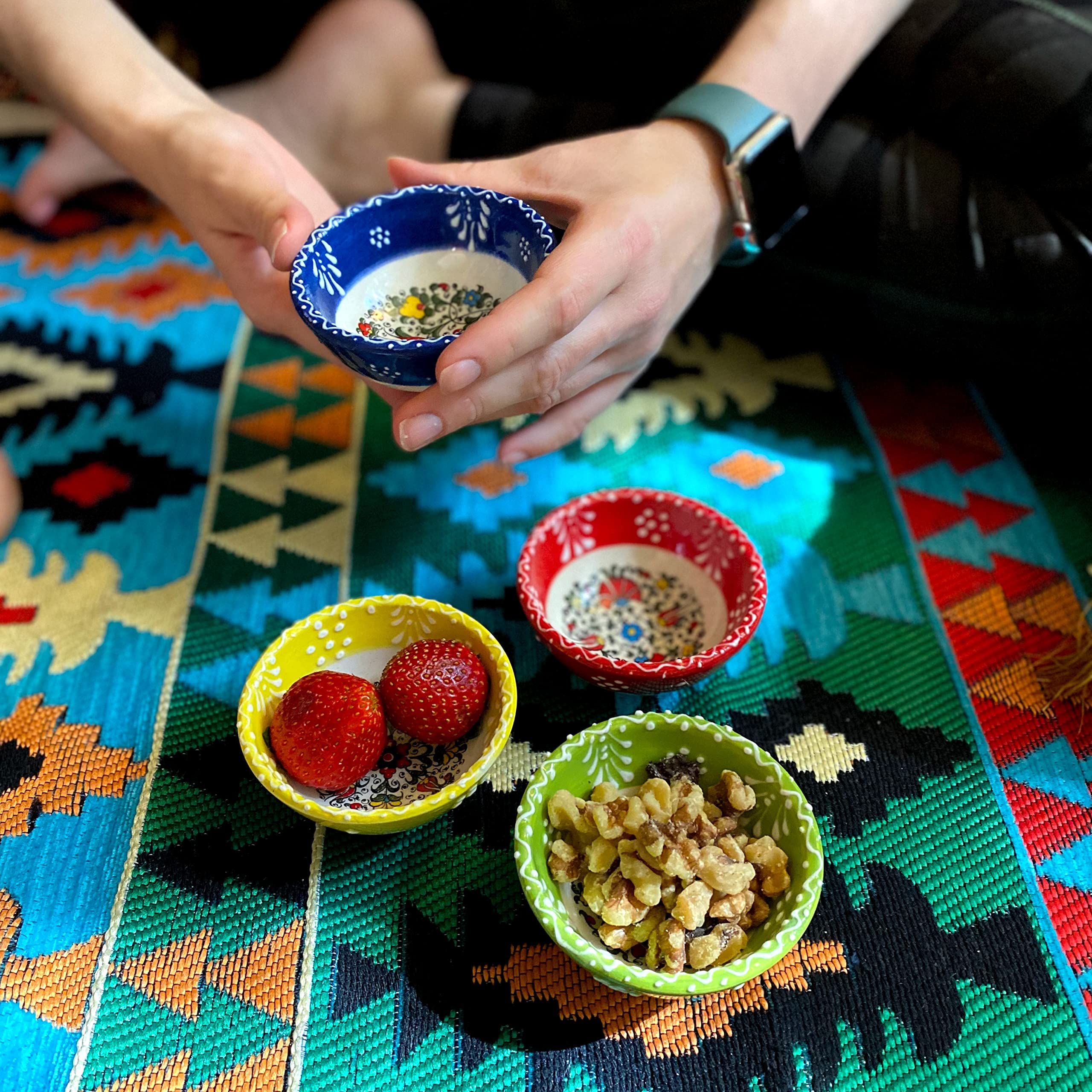 Silkroad Home Goodies Set of 4 Ceramic Sauce Dishes in Gift Box, Handprinted Turkish Pottery Mini Serving Plates