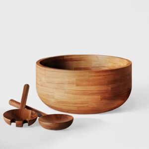 ziruma salad bowls, wooden salad bowls set, large white oak wood serving bowl for fruits, salad, 10.2" big salad bowl with american walnut serving utensils. ceramic serving bowls included