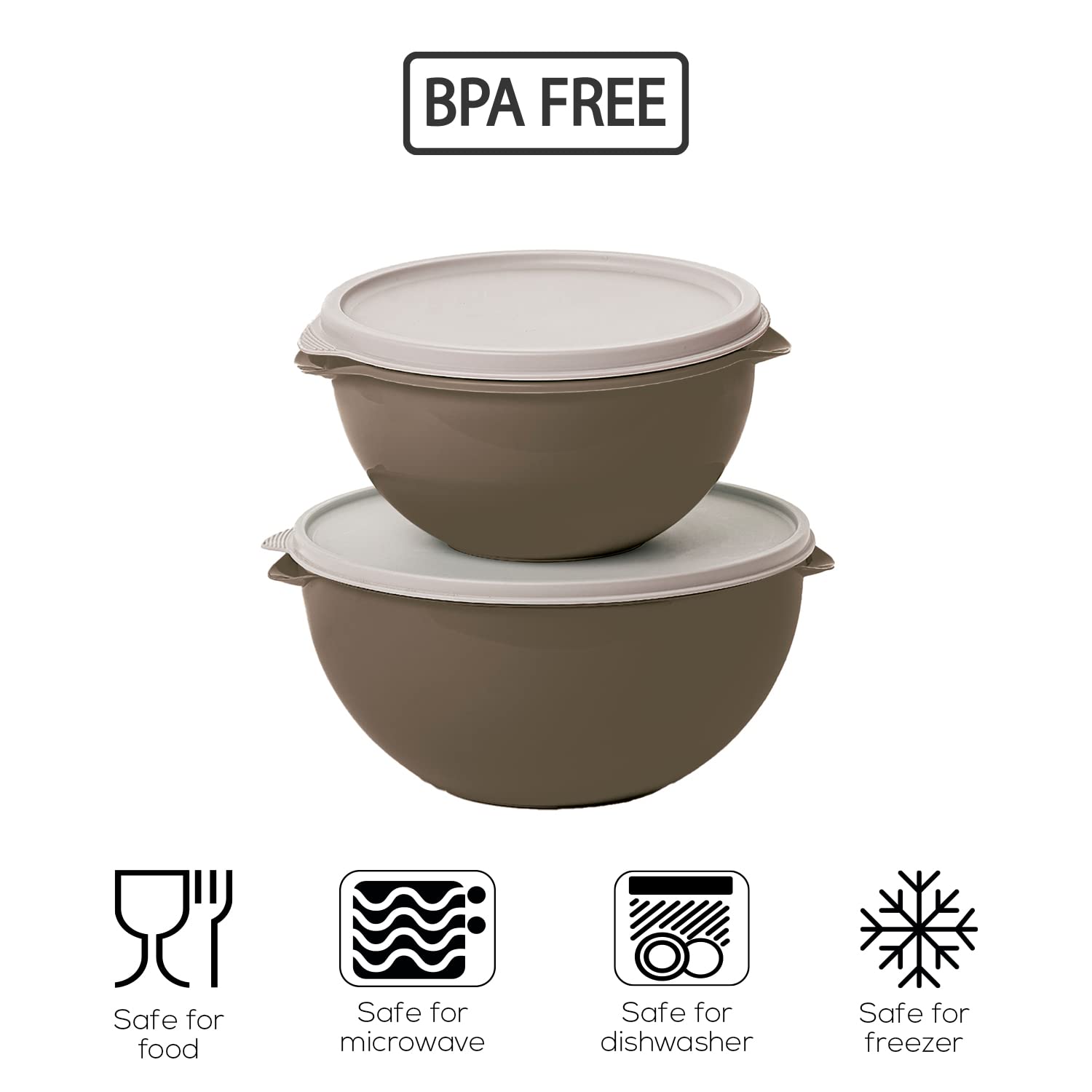 Plasvale - Set Biovita Colorful Plastic Bowls with Lids - Microwave, Freezer and Dishwasher Safe - 4 Pieces - BPA Free (Brown)