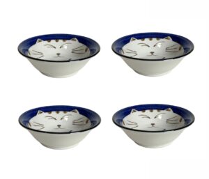 japanbargain 2564x4, set of 4 japanese porcelain dipping sauce bowl smiling kitty cat bowl for appetizer snack made in japan, 4-1/4 inches, blue (4, blue)
