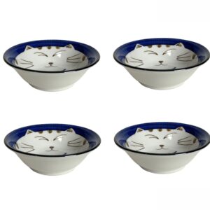 JapanBargain 2564x4, Set of 4 Japanese Porcelain Dipping Sauce Bowl Smiling Kitty Cat Bowl for Appetizer Snack Made in Japan, 4-1/4 inches, Blue (4, Blue)