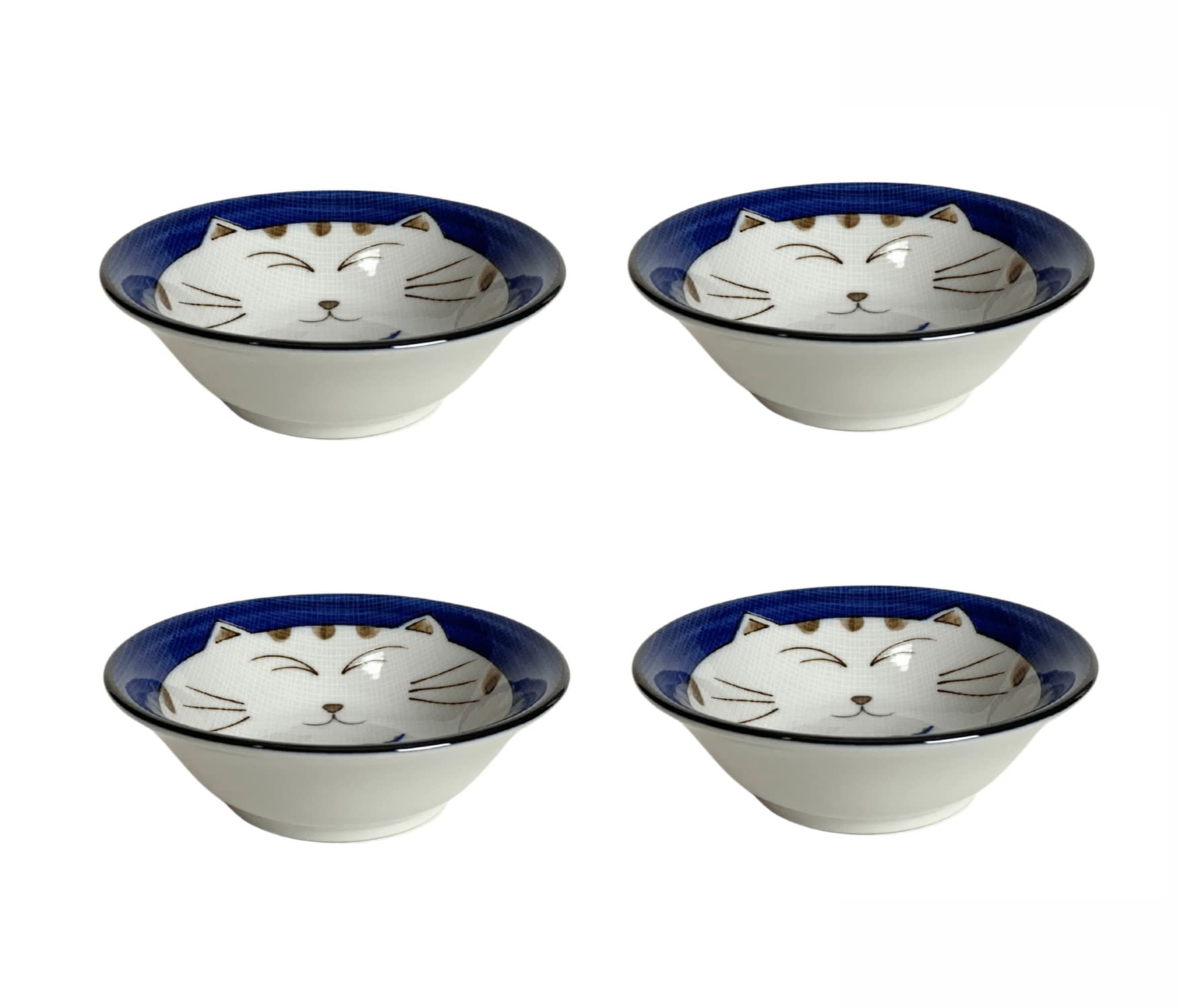 JapanBargain 2564x4, Set of 4 Japanese Porcelain Dipping Sauce Bowl Smiling Kitty Cat Bowl for Appetizer Snack Made in Japan, 4-1/4 inches, Blue (4, Blue)