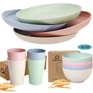 shopwithgreen unbreakable wheat straw plates, bowls, cups set, microwave & dishwasher safe
