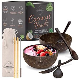brainy essentials coconut bowls premium gift set: includes - 2 handmade wooden spoons + 2 forks + 2 bamboo straws for smoothies, buddha bowls - fruits - salads, cereal, acai, ice-cream