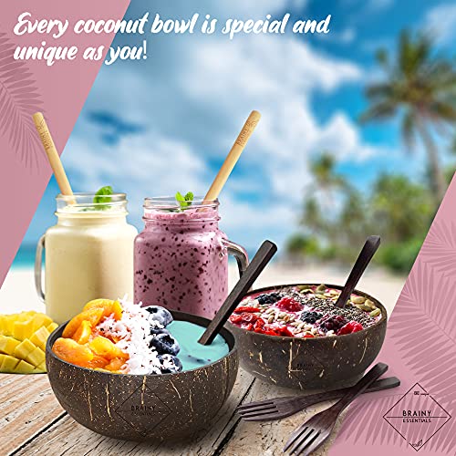 BRAINY ESSENTIALS Coconut Bowls Premium Gift Set: Includes - 2 Handmade Wooden Spoons + 2 Forks + 2 Bamboo straws for Smoothies, Buddha Bowls - Fruits - Salads, Cereal, Acai, Ice-cream