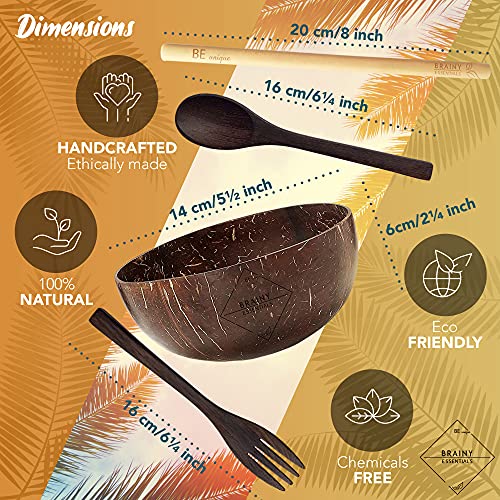 BRAINY ESSENTIALS Coconut Bowls Premium Gift Set: Includes - 2 Handmade Wooden Spoons + 2 Forks + 2 Bamboo straws for Smoothies, Buddha Bowls - Fruits - Salads, Cereal, Acai, Ice-cream