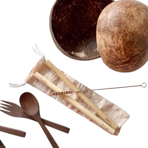 BRAINY ESSENTIALS Coconut Bowls Premium Gift Set: Includes - 2 Handmade Wooden Spoons + 2 Forks + 2 Bamboo straws for Smoothies, Buddha Bowls - Fruits - Salads, Cereal, Acai, Ice-cream