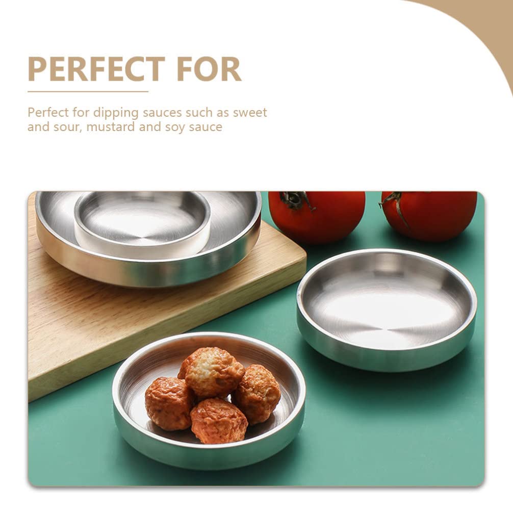 2pcs Stainless Steel Appetizer Plates Sauce Dish Rice Bowl Double-walled Metal Plates Seasoning Plate Kimchi Dish Cold Dishes Container Insulated Soup Bowls Snacks Bowls 4.5 Inch