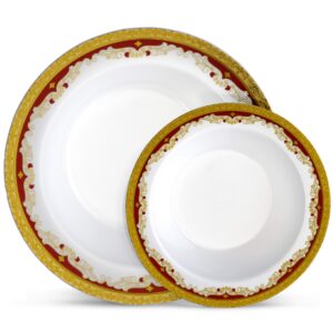 laura stein designer dinnerware set | 64 disposable plastic party bowls | white wedding bowl with burgundy rim & gold accents | set includes 32 x 12 oz soup bowls + 32 x 5 oz dessert bowls | vintage