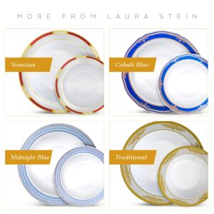 Laura Stein Designer Dinnerware Set | 64 Disposable Plastic Party Bowls | White Wedding Bowl with Burgundy Rim & Gold Accents | Set Includes 32 x 12 oz Soup Bowls + 32 x 5 oz Dessert Bowls | Vintage