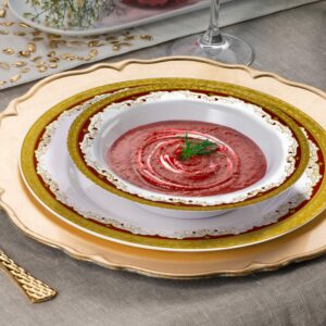 Laura Stein Designer Dinnerware Set | 64 Disposable Plastic Party Bowls | White Wedding Bowl with Burgundy Rim & Gold Accents | Set Includes 32 x 12 oz Soup Bowls + 32 x 5 oz Dessert Bowls | Vintage