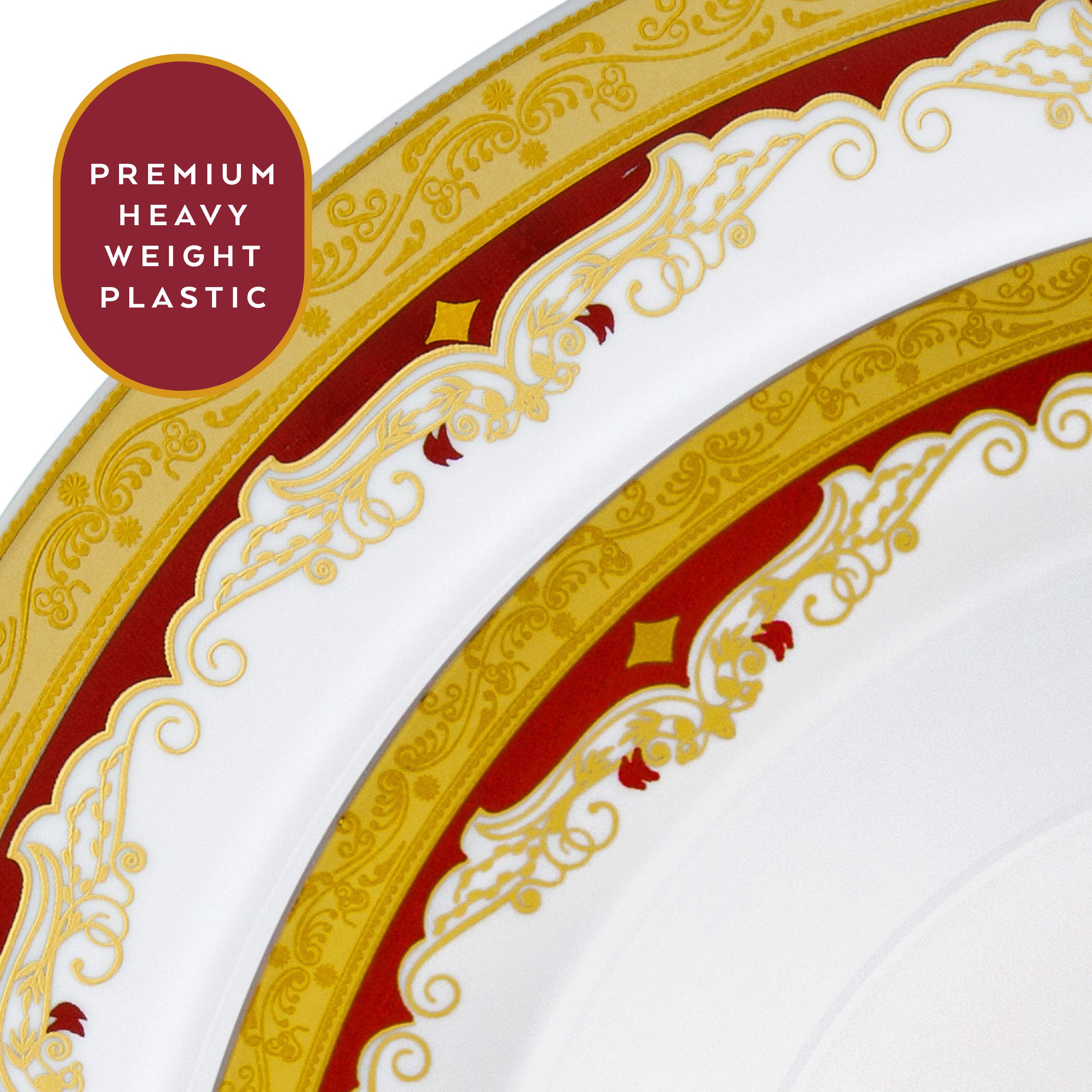 Laura Stein Designer Dinnerware Set | 64 Disposable Plastic Party Bowls | White Wedding Bowl with Burgundy Rim & Gold Accents | Set Includes 32 x 12 oz Soup Bowls + 32 x 5 oz Dessert Bowls | Vintage