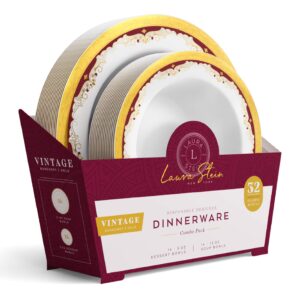 Laura Stein Designer Dinnerware Set | 64 Disposable Plastic Party Bowls | White Wedding Bowl with Burgundy Rim & Gold Accents | Set Includes 32 x 12 oz Soup Bowls + 32 x 5 oz Dessert Bowls | Vintage