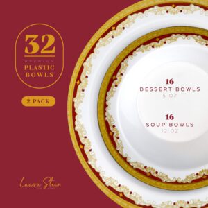 Laura Stein Designer Dinnerware Set | 64 Disposable Plastic Party Bowls | White Wedding Bowl with Burgundy Rim & Gold Accents | Set Includes 32 x 12 oz Soup Bowls + 32 x 5 oz Dessert Bowls | Vintage