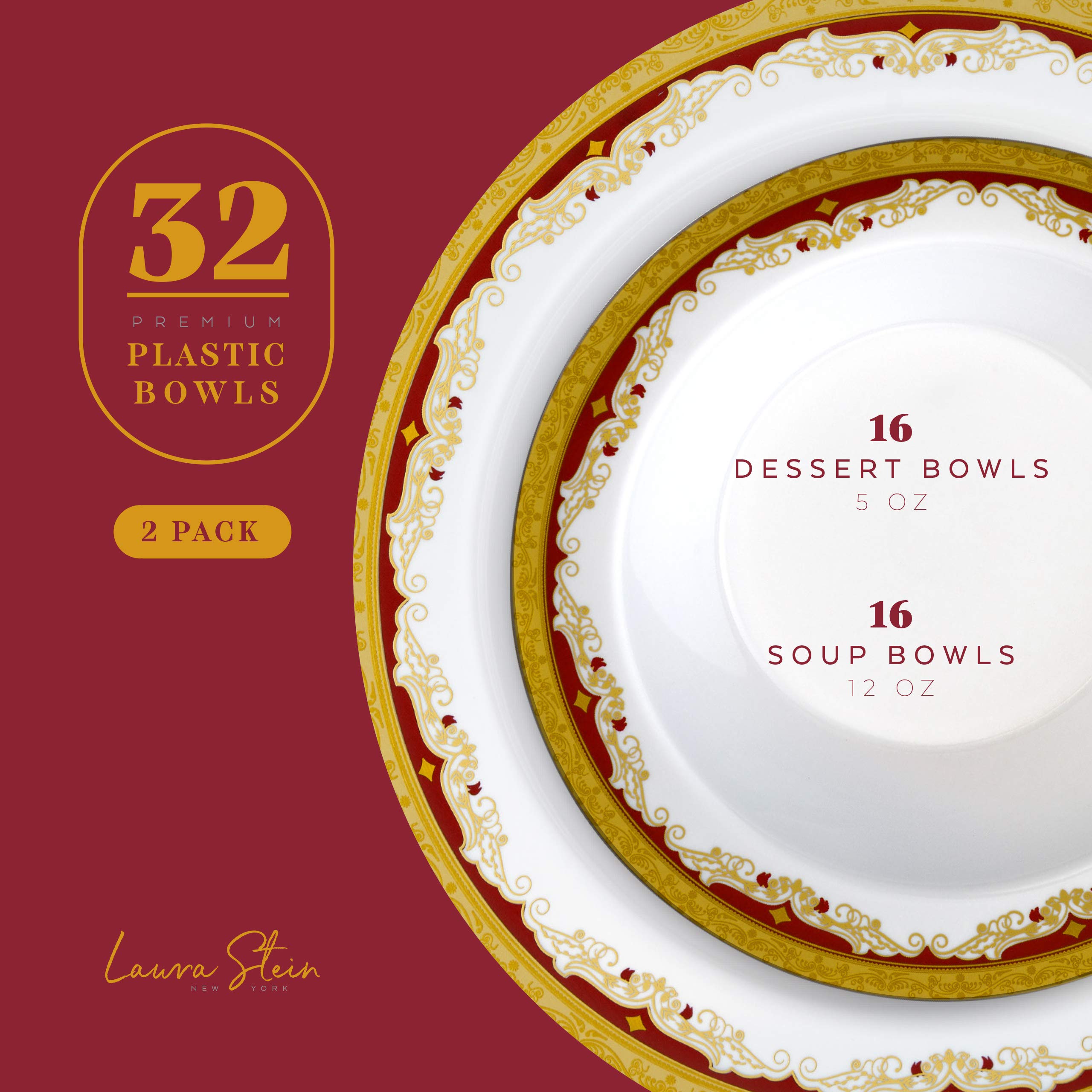 Laura Stein Designer Dinnerware Set | 64 Disposable Plastic Party Bowls | White Wedding Bowl with Burgundy Rim & Gold Accents | Set Includes 32 x 12 oz Soup Bowls + 32 x 5 oz Dessert Bowls | Vintage