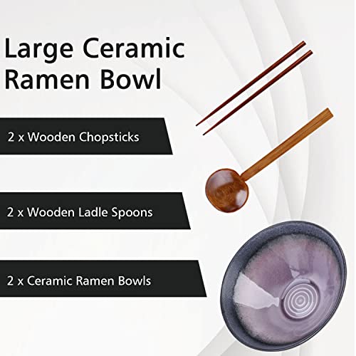Artestia Ramen Bowls Set of 2, 6 Pieces 30 Ounce Large Ceramic Japanese Ramen Bowls with Chopsticks and Spoons Serving Bowls for Udon Soba Pho Asian Noodles, Salad, Soup