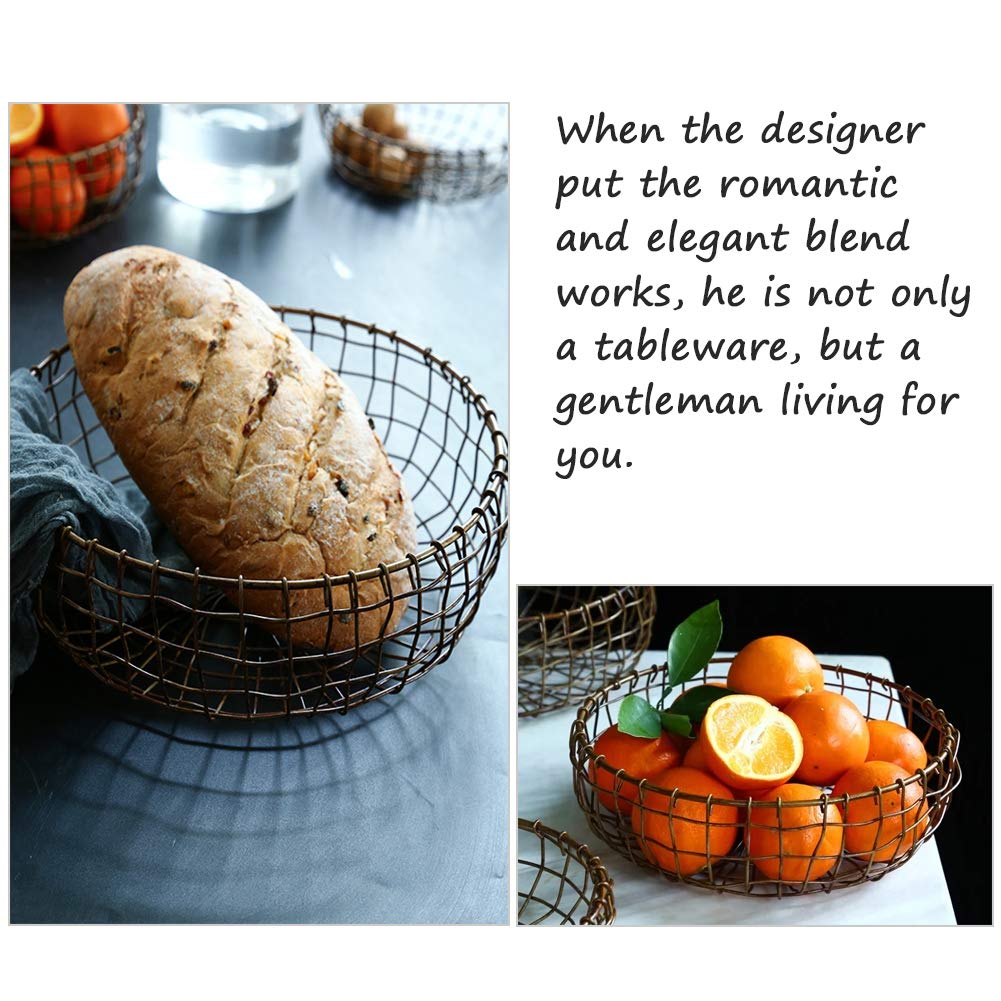 Retro Iron Fruit Basket, Handcrafted Rustic Farmhouse Wire Fruit Bowls Vintage Style Countertop Basket Bread Snack Vegetable Storage Basket for Kitchen Table Dining Decoration