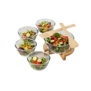 kitchen affections | 5pc glass salad bowl set with serving utensils | and bamboo pedestal base | glass reusable dinnerware | durable glass dinner bowls | eco friendly bowls
