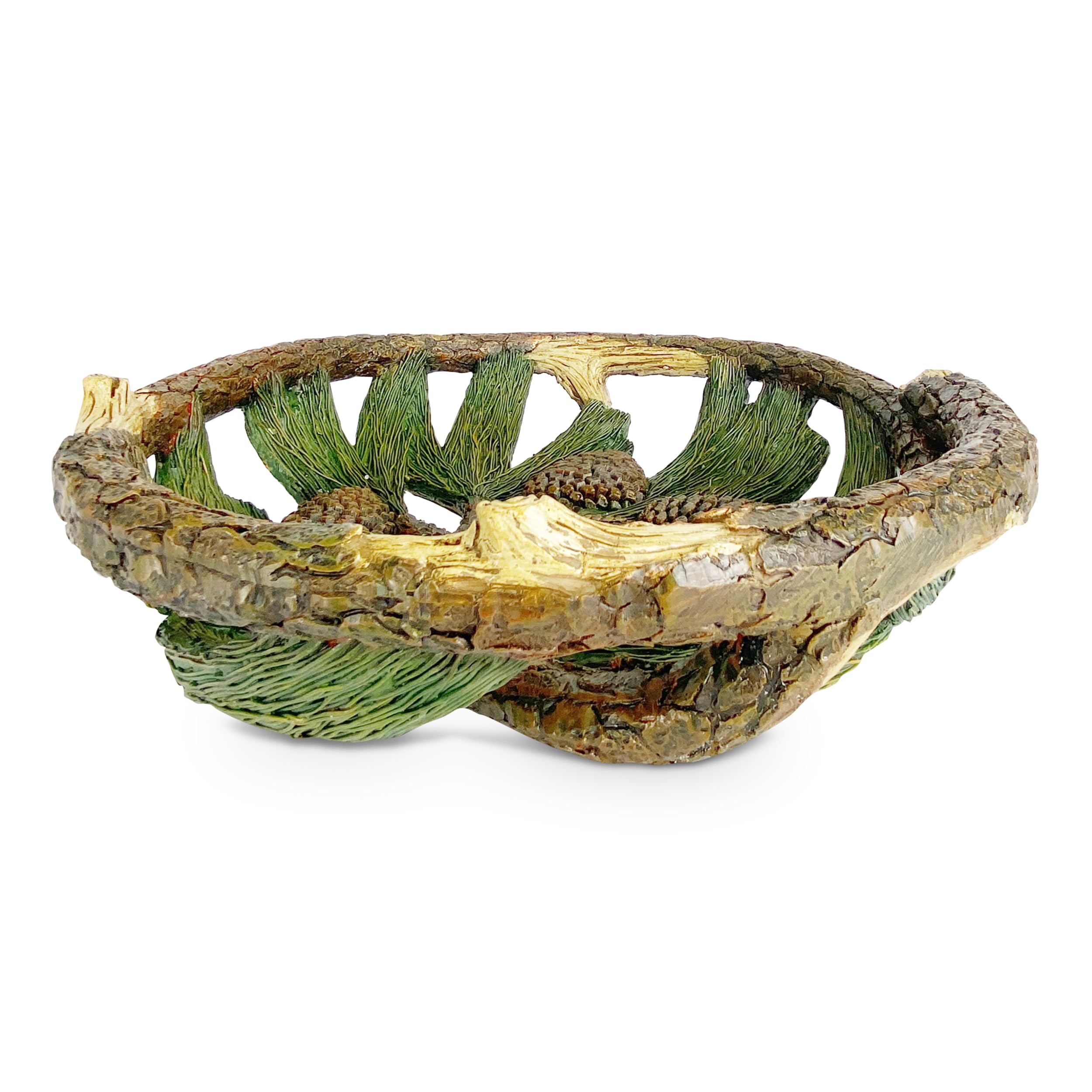 Rivers Edge Products Fruit Bowl, Fruit Basket, Decorative Bowl, Centerpiece for Tabletop, Countertop, or Dining Room Home Decor, 14 Inch Length, Spruce Branches, Pinecone