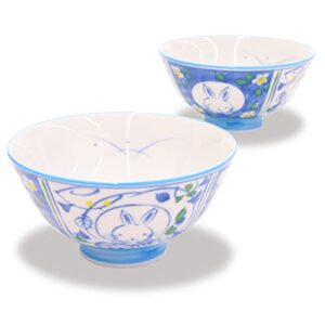 mino ware rice bowl set, 4.4 inch, red rabbit design, blue, japanese ceramic bowls, 5.2 oz, set of 2