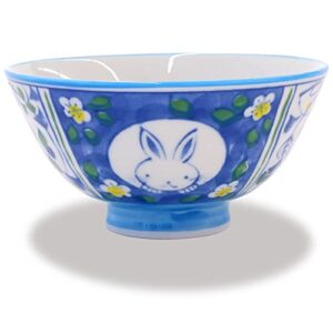 Mino Ware Rice Bowl Set, 4.4 inch, Red Rabbit Design, Blue, Japanese Ceramic Bowls, 5.2 oz, Set of 2