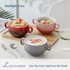 LOVECASA 13 OZ Soup Bowls with Handles Set of 6 Bundle 7.4" Extra Large Ceramic Utensil Holder, Blue