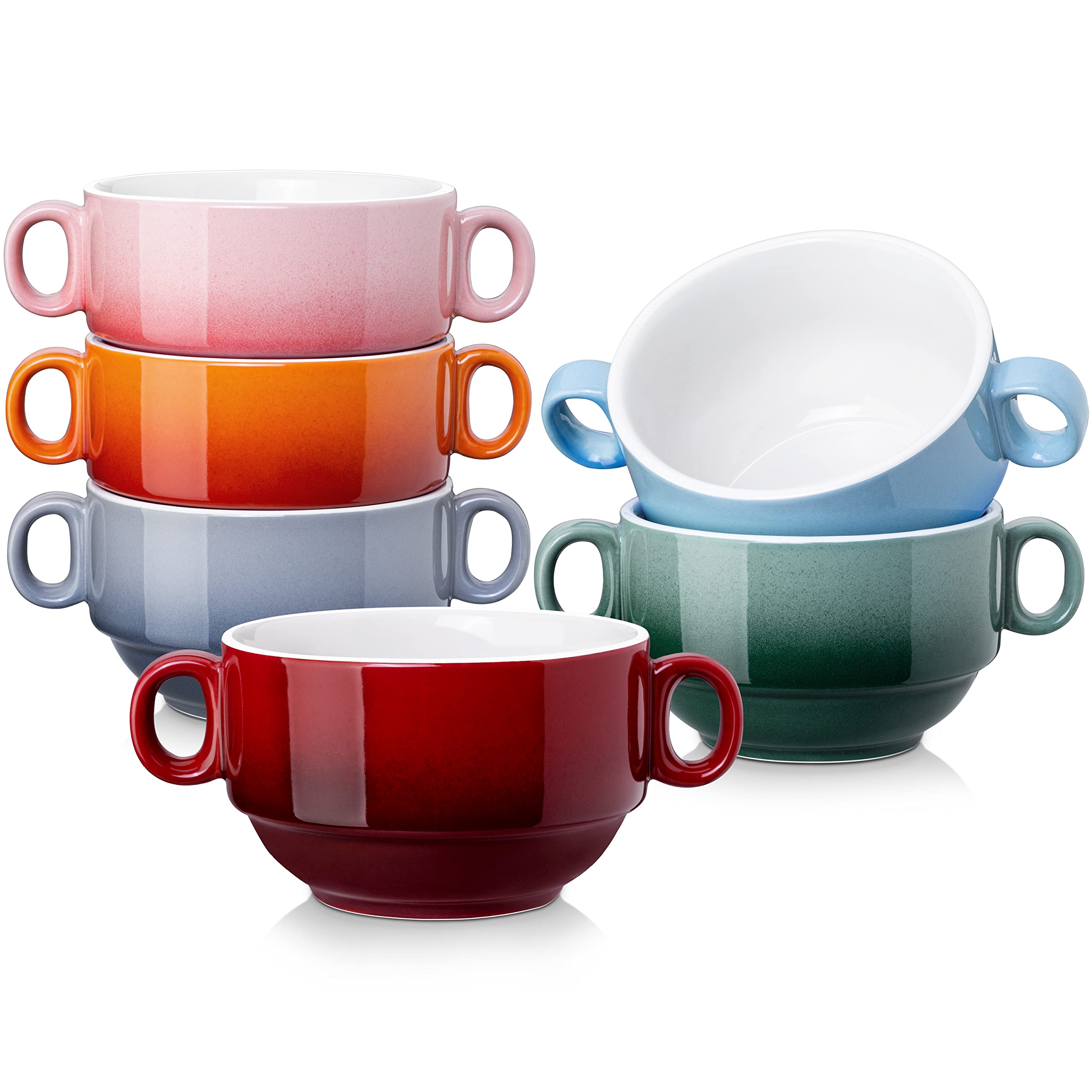 LOVECASA 13 OZ Soup Bowls with Handles Set of 6 Bundle 7.4" Extra Large Ceramic Utensil Holder, Blue