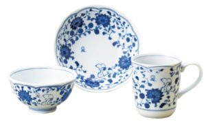 sunupii 630741 indigo arabesque rice bowl, mug, pot, 3-piece set, comes in a presentation box
