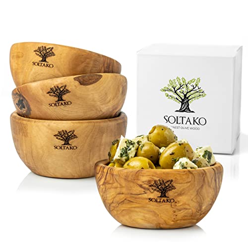 SOLTAKO 4 small dip bowls set - olive wood tapas bowls - small Mediterranean bowl for olives & BBQ sauces - dip bowl for charcuterie boards - charcuterie accessory - Ø 4"