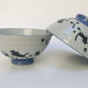 2 Pc Japanese Grey Crackle Baclk Cats Rice Bowl Set Includes 2 Bowls