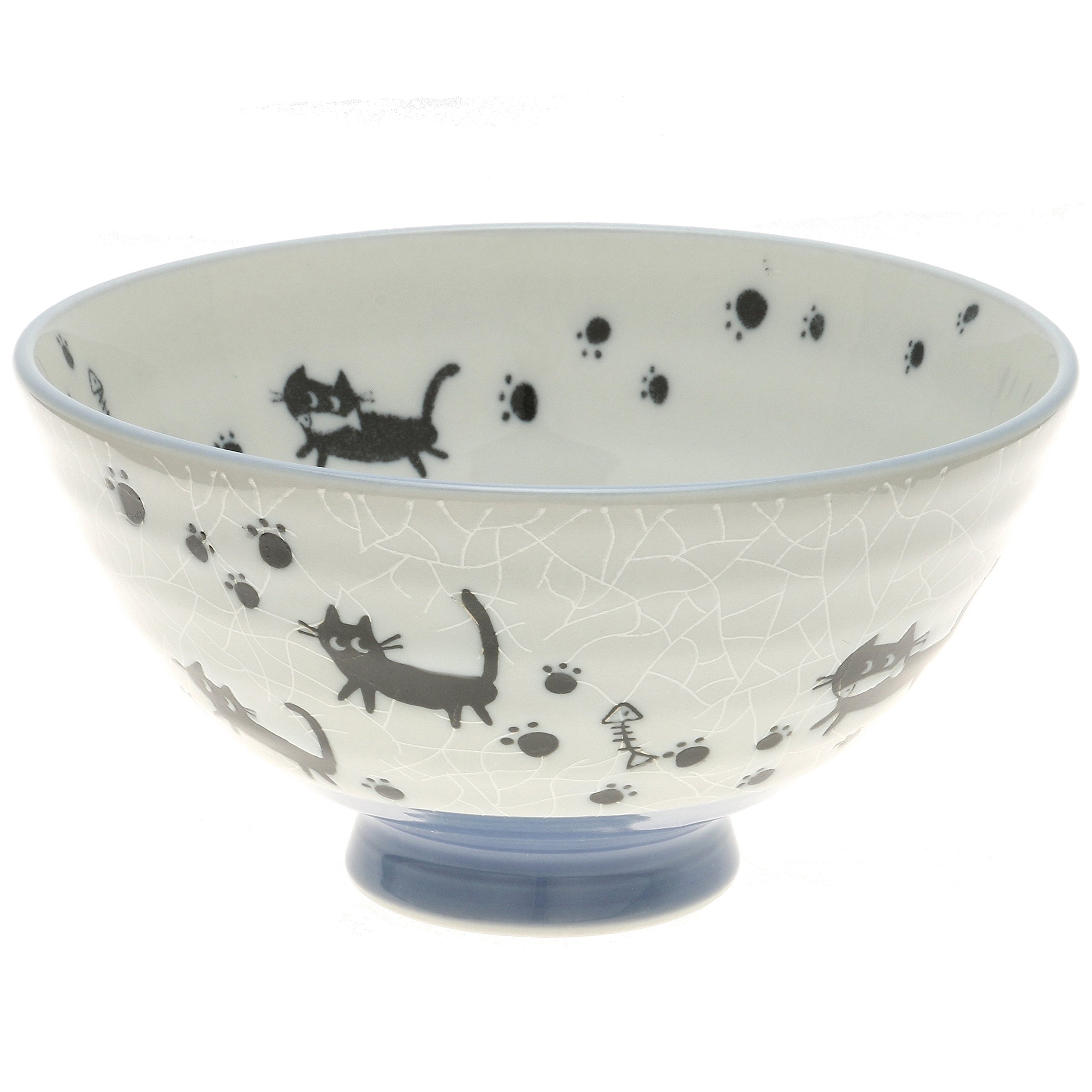 2 Pc Japanese Grey Crackle Baclk Cats Rice Bowl Set Includes 2 Bowls