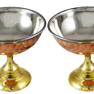PARIJAT HANDICRAFT Pack of 4 Ice Cream Cup Bowl with Stand Copper Stainless Steel Tableware for Desserts.