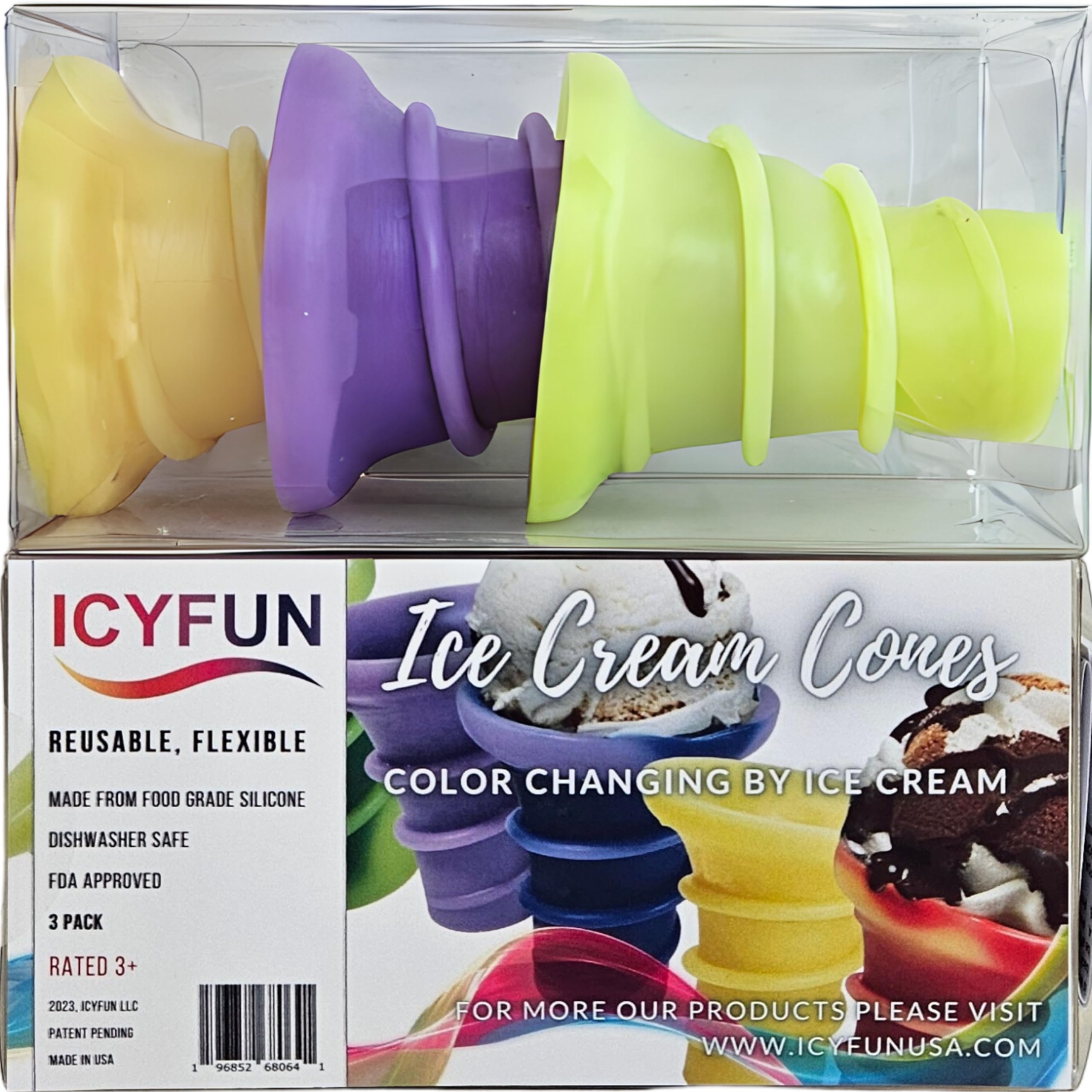 Reusable Ice Cream Cones Color Changing Flexible Soft Food Grade Silicone Non-toxic Dishwasher Safe FDA Compliant Rated Age Three Plus BPA Free Great Gift